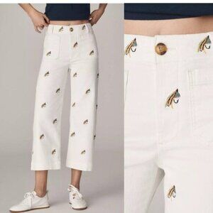 Anthropologie The Colette Wide Leg Jeans Women 24 Tall Embroidered Fishing